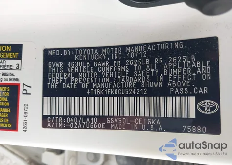 2012 Toyota Camry Xle V6 из США, поврежденный, VIN 4T1BK1FK0CU524212